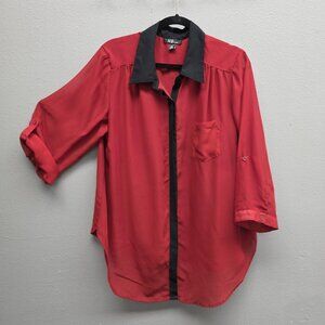 AGB Shirt Womens 2X Red Black Contrast Collar Button Front Tunic Top 3/4 Sleeve